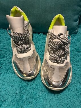 Steve Madden White and Silver Chunky Sneakers with Neon Lime Lining